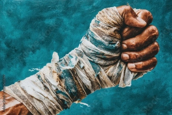 Fototapeta Urban Mural of a Raised Fist Wrapped in Bandages Against a Turquoise Background