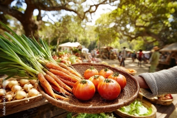 Fototapeta Fresh Locally Sourced Ingredients for Community Meal Preparation in Vibrant Market Setting