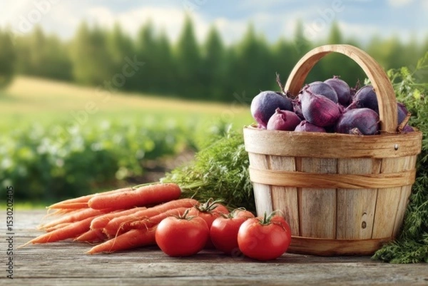 Fototapeta Freshly Harvested Fruits and Vegetables on a Rustic Table Surrounded by Nature's Beauty