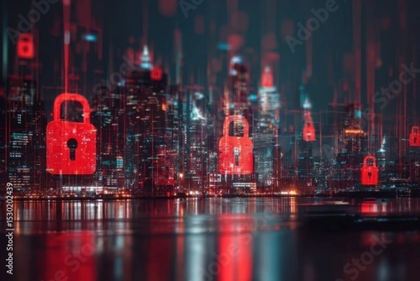 Fototapeta Abstract City Skyline at Night with Floating Lock Icons for Digital Security Themes