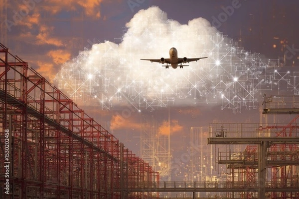 Fototapeta Abstract Layers of Clouds and Infrastructure Representing Economic Connectivity and Progress