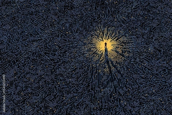 Fototapeta Isometric Digital Maze Scene Featuring a Mysterious Figure in a Bright Light Source