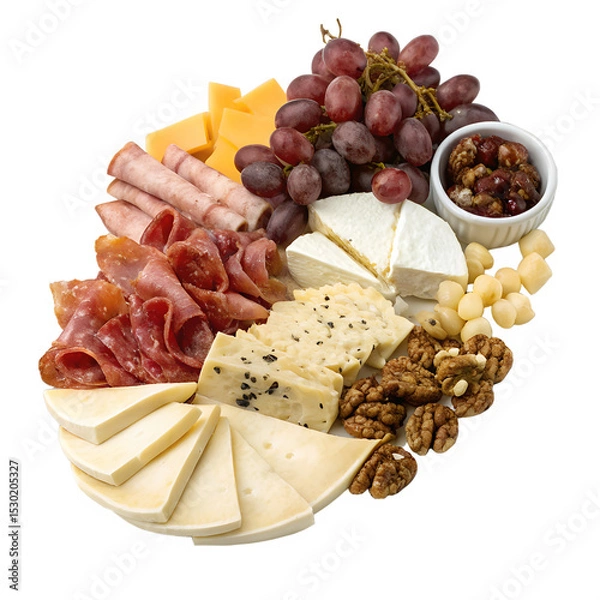 Fototapeta Generative AI Cheese and Charcuterie Platter on White Plate, Isolated on Transparent Background