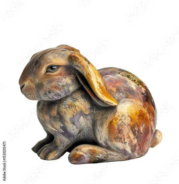 Fototapeta Small, seated rabbit figurine with mottled, earthy tones