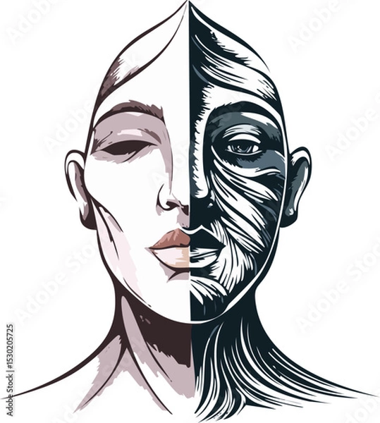 Obraz The duality of human emotion, a portrait showing two faces with distinct expressions. One is an artwork while another is a drawing
