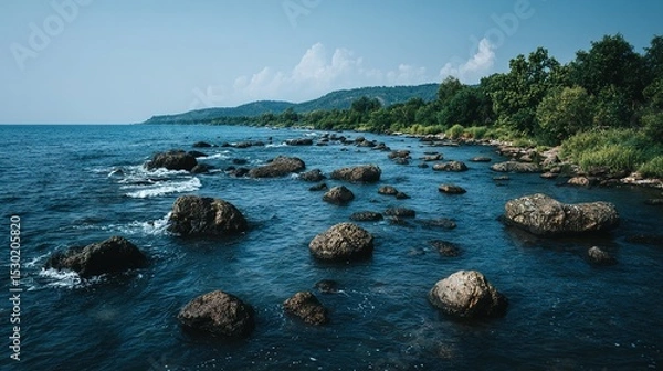 Fototapeta Rocky shoreline with placid water under a clear sky.