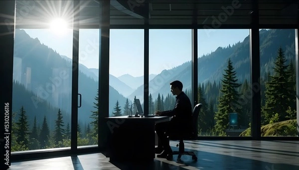 Fototapeta Remote work office with mountain view, home office design, modern office space, work from home