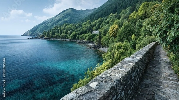Fototapeta Tranquil coastal scene with a stone pathway.