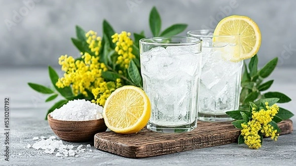 Fototapeta Refreshing drinks with lemon slices and ice.
