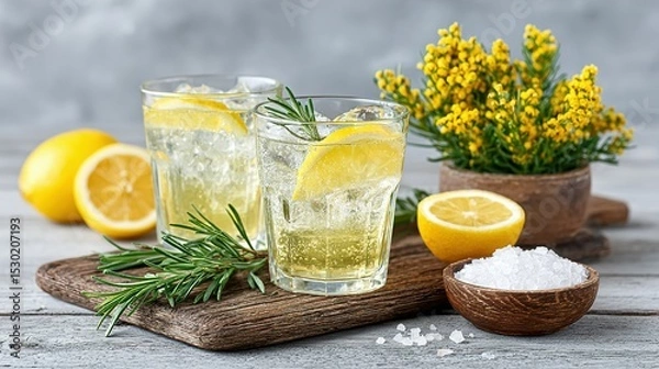 Fototapeta Refreshing lemon drinks garnished with rosemary sprigs.
