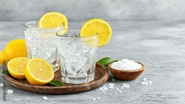 Fototapeta Refreshing lemon infused water with ice and salt.