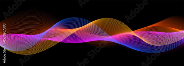 Obraz Smooth neon sound wave on black background. Abstract flowing wavy lines design for ai concept, eq equalizer, audio record, voice assistant. Blue pink orange gradient curve stripe wallpaper. Vector