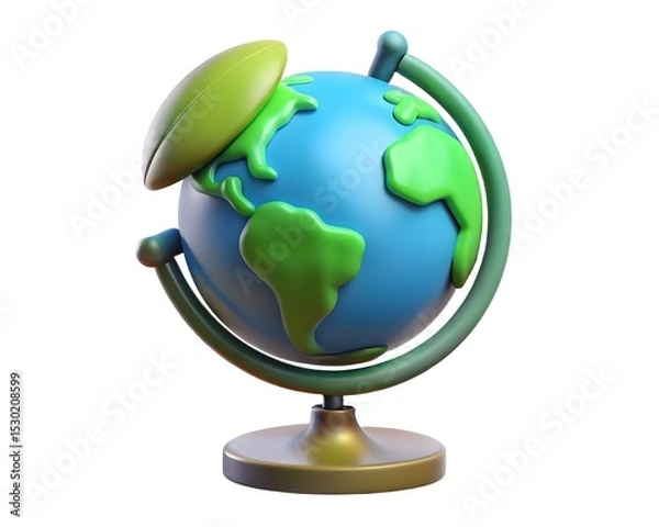Fototapeta Cartoon globe with green leaf on stand isolated on white background Created using generative AI