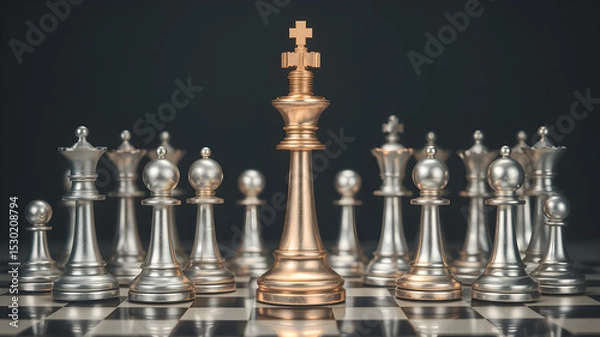 Obraz King golden chess standing confront of the silver chess team to challenge concepts of leadership