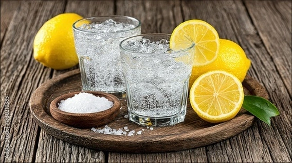 Fototapeta Refreshing sparkling water with lemon slices and salt.