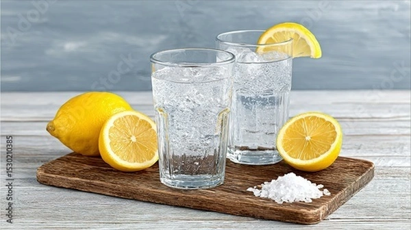 Fototapeta Refreshing water with lemon and ice.