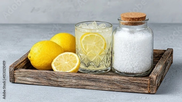 Fototapeta Freshly squeezed lemonade with lemons and sea salt.