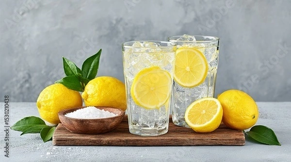 Fototapeta Refreshing lemonade with ice and fresh lemon slices.