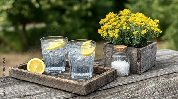 Fototapeta Refreshing drinks with lemon slices on a rustic wooden tray.