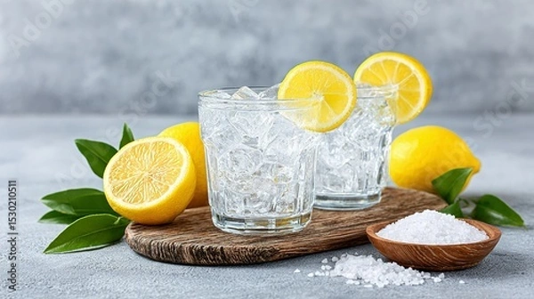 Fototapeta Refreshing lemon water with ice and salt.