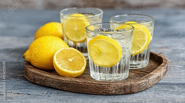 Fototapeta Refreshing lemon water in glasses on a wooden tray.