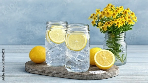 Fototapeta Refreshing water with lemon slices and ice.