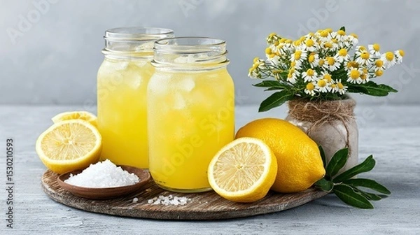 Fototapeta Fresh lemonade with lemons and chamomile flowers.