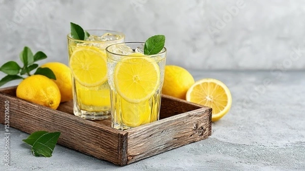 Fototapeta Refreshing lemonade in glasses on a wooden tray.