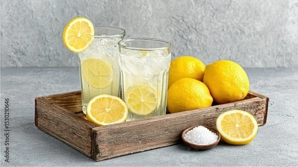 Fototapeta Fresh lemonade in glasses with lemons on a wooden tray.