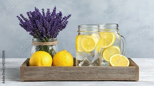 Fototapeta Refreshing lavender lemonade in mason jars on a wooden tray.