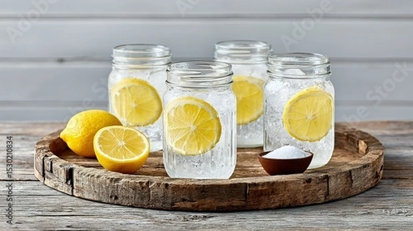 Fototapeta Refreshing lemonade in mason jars on a rustic tray.