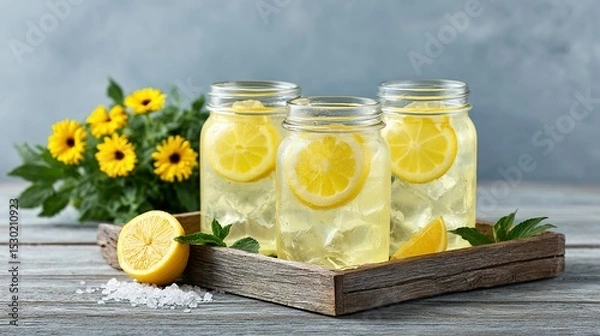 Fototapeta Refreshing lemonade in mason jars with lemon slices and ice.