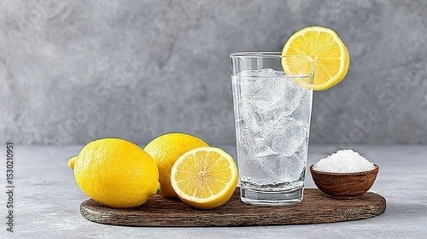 Fototapeta Freshly squeezed lemonade with ice and salt.