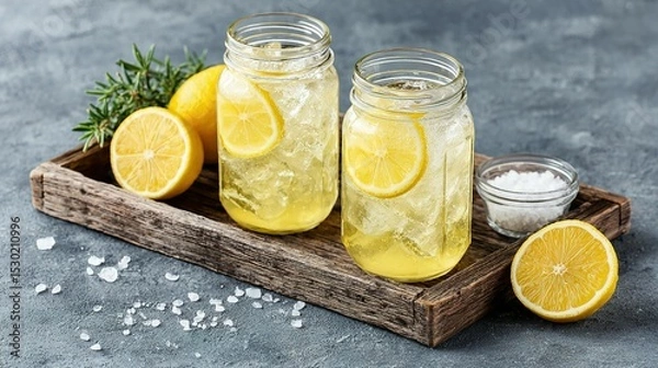 Fototapeta Refreshing iced lemon drinks on a rustic wooden tray.
