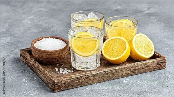 Fototapeta Refreshing drinks with lemon slices and ice.