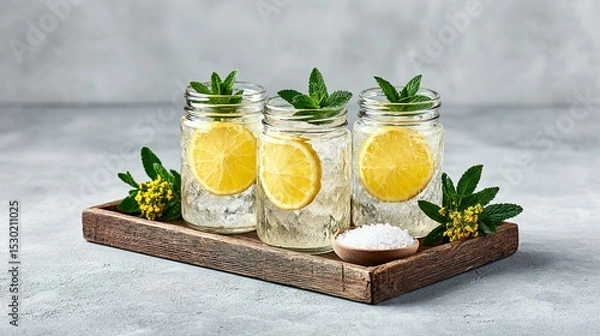 Fototapeta Refreshing lemon iced drinks garnished with mint on a rustic tray.