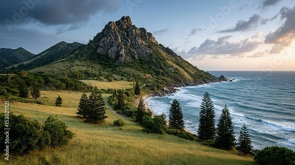 Fototapeta Scenic coastal vista with a rocky peak and tranquil waves.