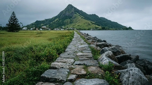 Fototapeta A stone pathway leads to a tranquil bay.