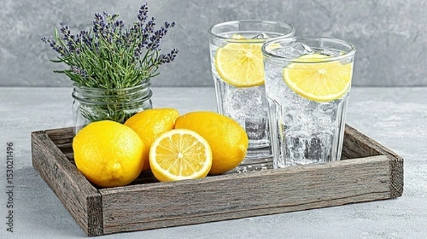 Fototapeta Freshly squeezed lemon slices and lavender sprigs on a rustic tray with glasses of iced lemon water.