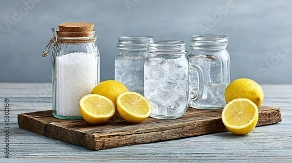 Fototapeta Several mason jars filled with ice water and lemons on a rustic wooden board.