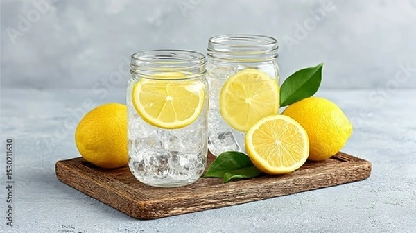 Fototapeta Refreshing lemonade in glass mason jars with lemon slices and ice.