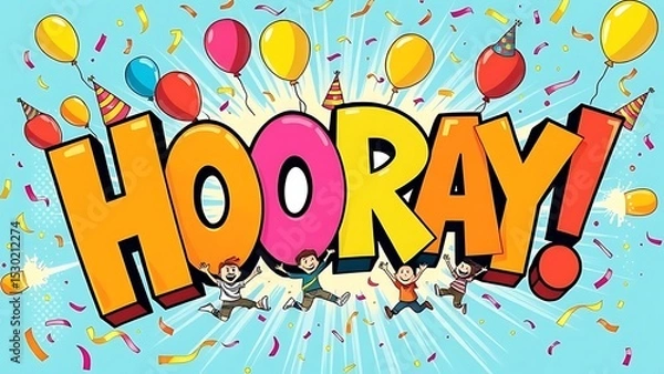 Obraz Vibrant "Hooray!" Celebration Scene with Jumping People, Balloons, and Confetti, Perfect for Expressing Joy, Success, and Excitement