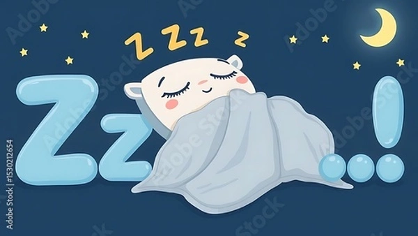 Obraz Cute Cartoon Character Sleeping Peacefully Under a Blanket with "Zzz" Letters and Stars, Symbolizing Sweet Dreams and Restful Sleep