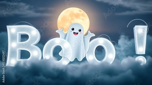 Obraz Cute Cartoon Ghost Emerging from Clouds with Glowing "Boo!" Text Under a Full Moon – Perfect for Halloween and Spooky Themes
