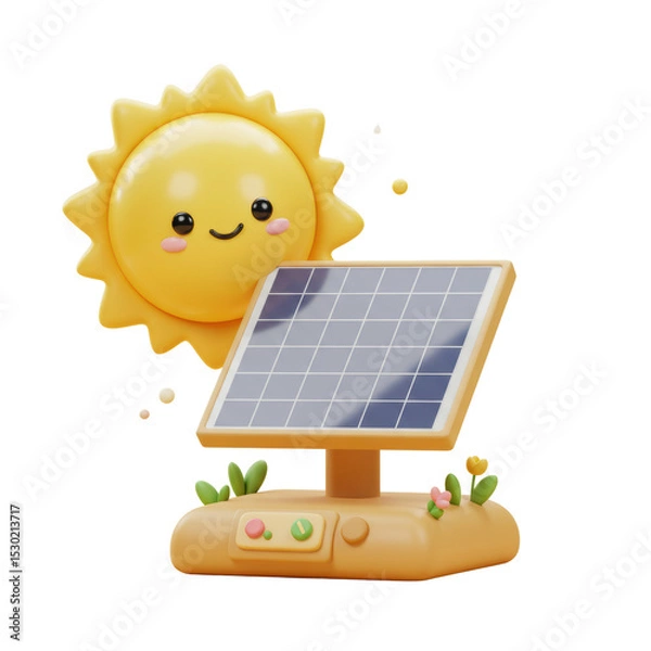 Fototapeta 3D cartoon solar panel with sun in eco-friendly style, clean energy and sustainability concept, isolated on a transparent background, png, cutout