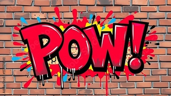 Obraz Vibrant Red "POW!" Graffiti Art on a Brick Wall, Featuring Splatter Effects - A Bold Comic Book Style Expression
