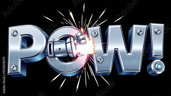 Obraz Metallic "POW!" Comic Book Sound Effect with Exploding Impact and Sparking Effects - Action, Power, and Entertainment Concept