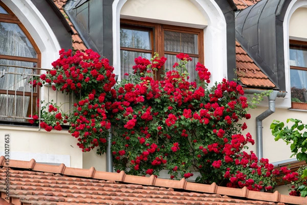 Obraz Blooming red climbing roses growing on the facade of the house in front of  the window.