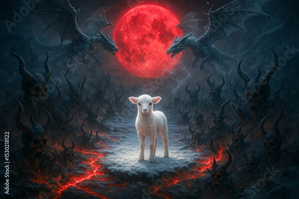 Obraz Lamb of God Before Blood Moon Surrounded by Demons and Dragons – Biblical Revelation Symbol of Innocence, Judgment, and End Times Prophecy