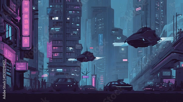 Obraz flat illustration of a cyberpunk city at night